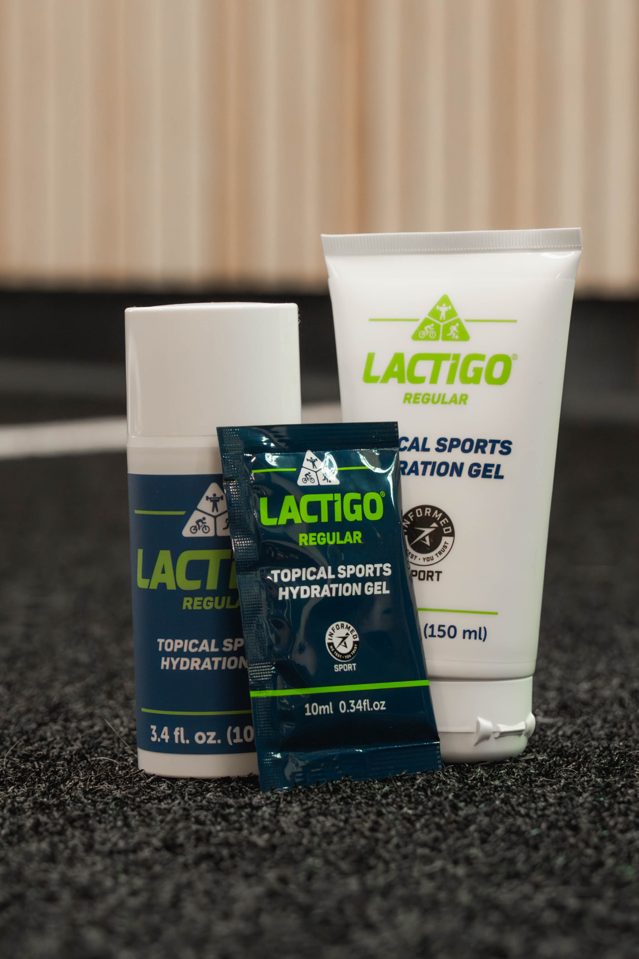 LactiGo Regular topical sports hydration gel range: pump bottle, 10ml sachet and 150ml tube