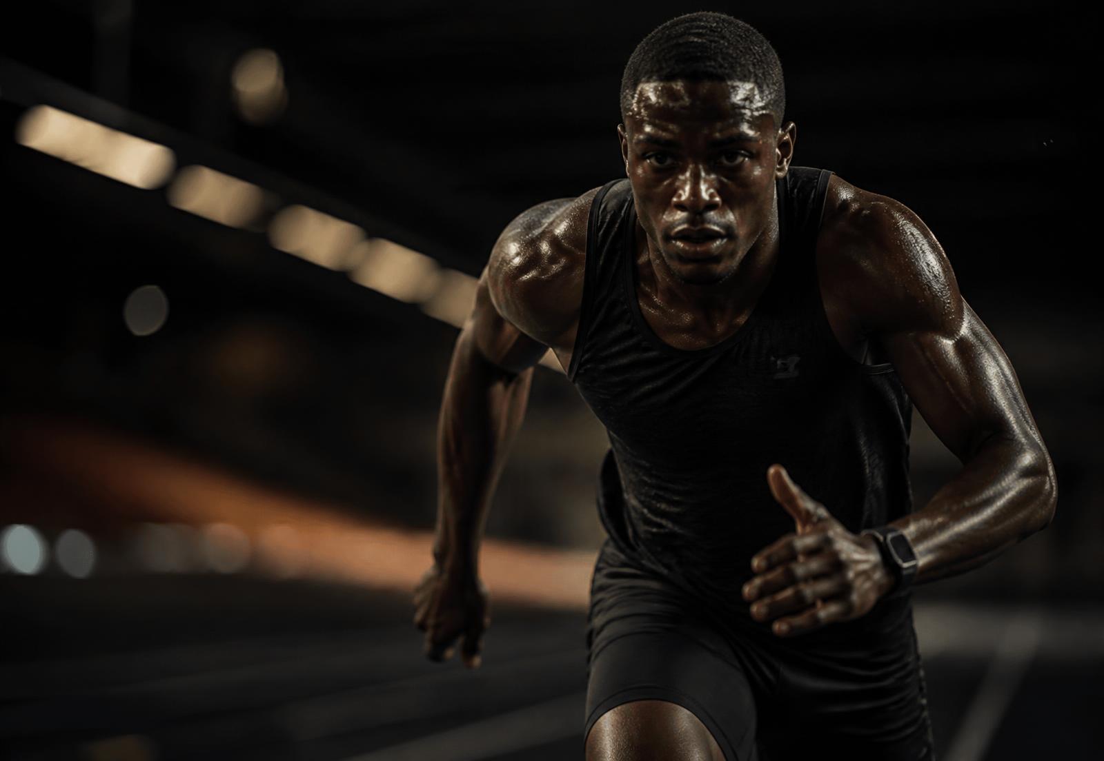 Athlete driving through a high-intensity sprint effort in training