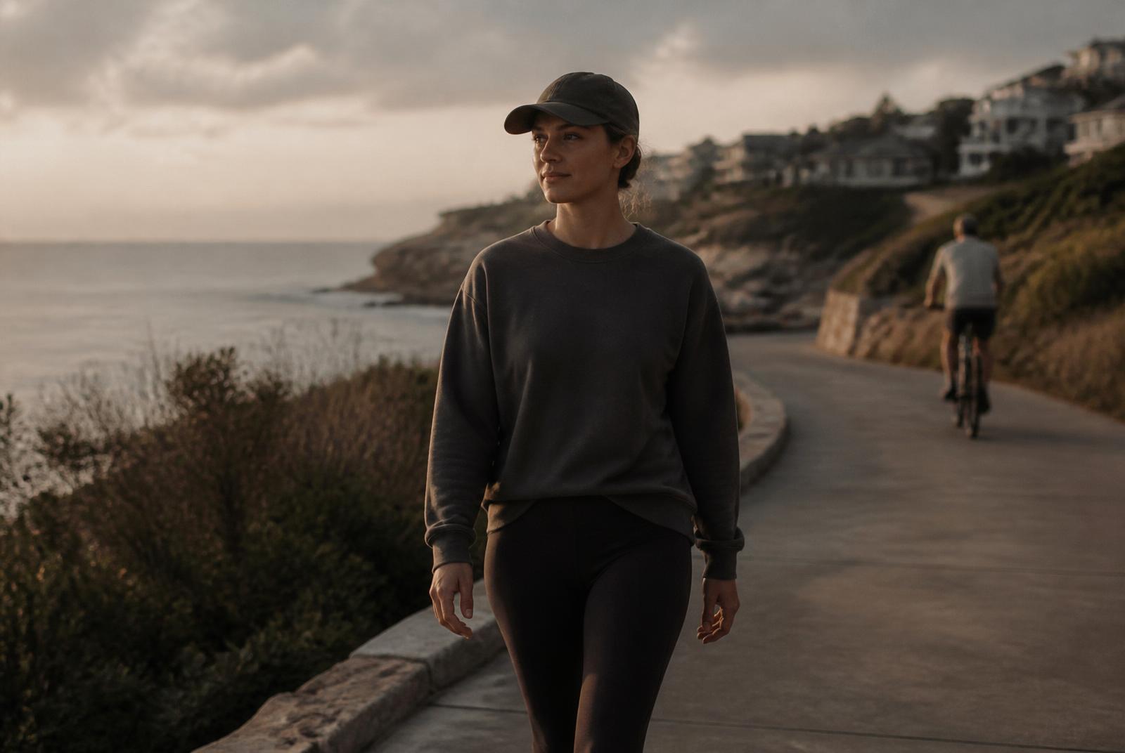 Person walking at an easy pace along a coastal path at golden hour, with a cyclist riding gently in the distance