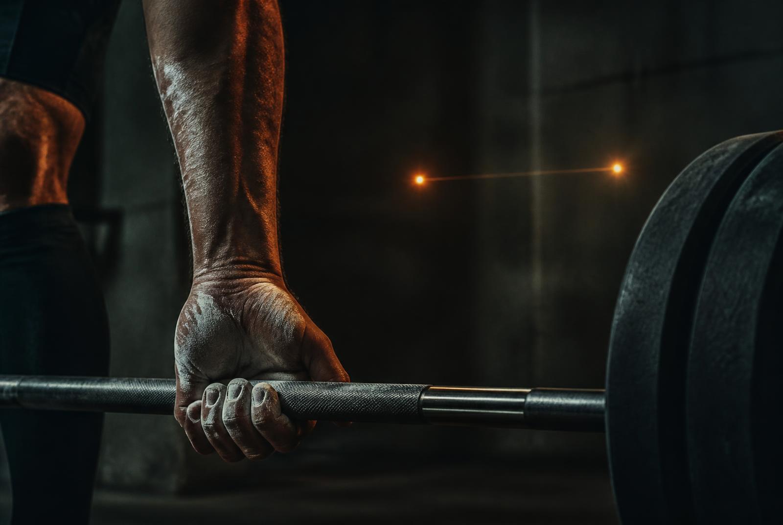 Chalked hand gripping a barbell in a dark concrete gym, with two small points of warm light joined by a thin line in the background