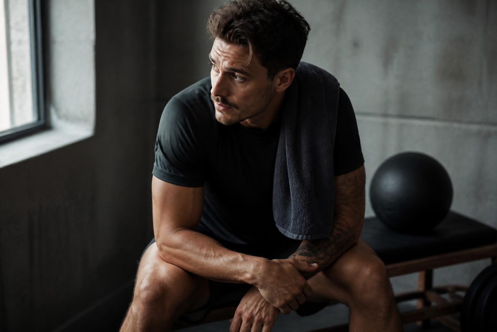 Athlete sitting on a bench catching their breath after a training session in soft natural light