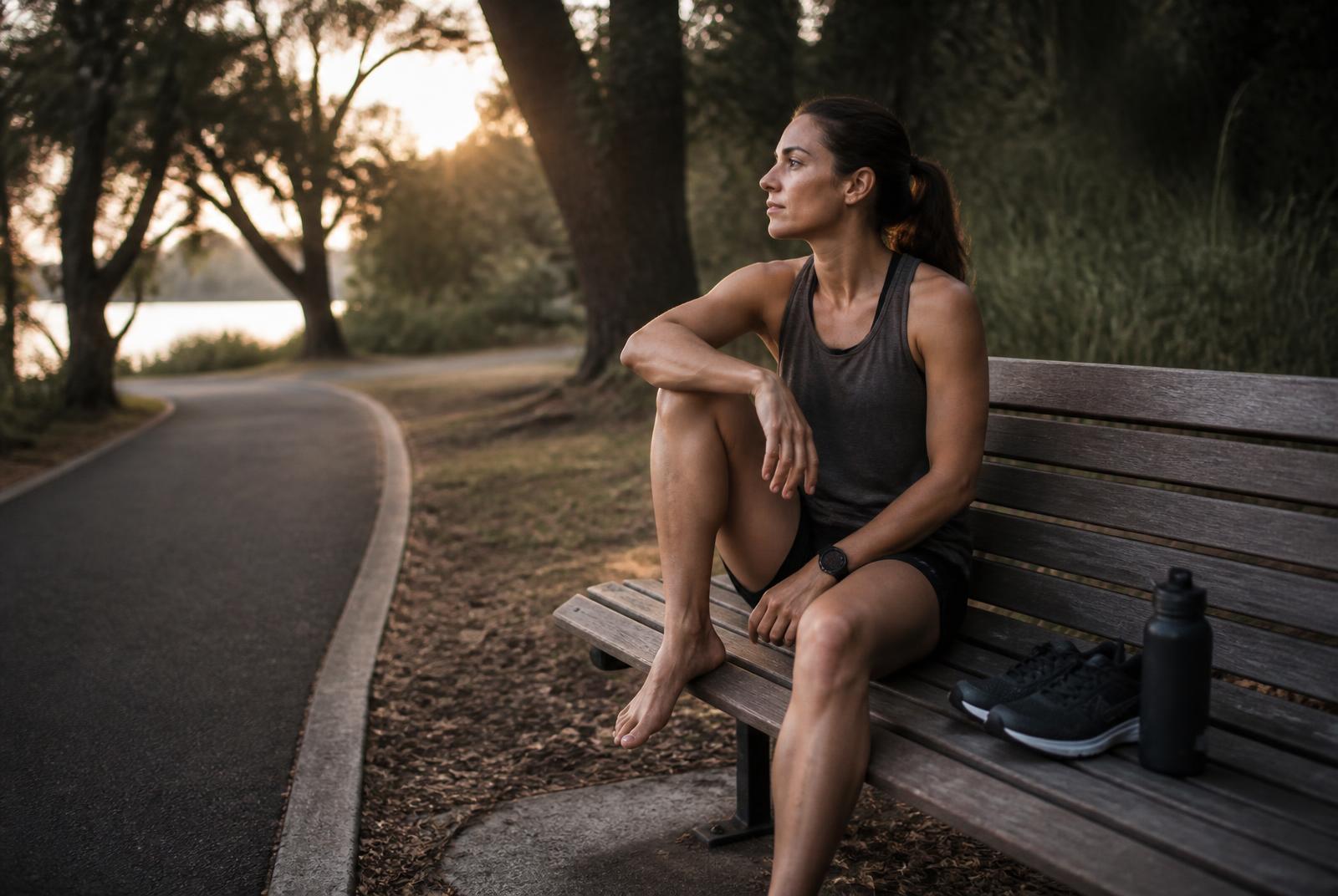 Runner sitting on a park bench beside a quiet path at late afternoon light, shoes off and water bottle beside them, taking a recovery day