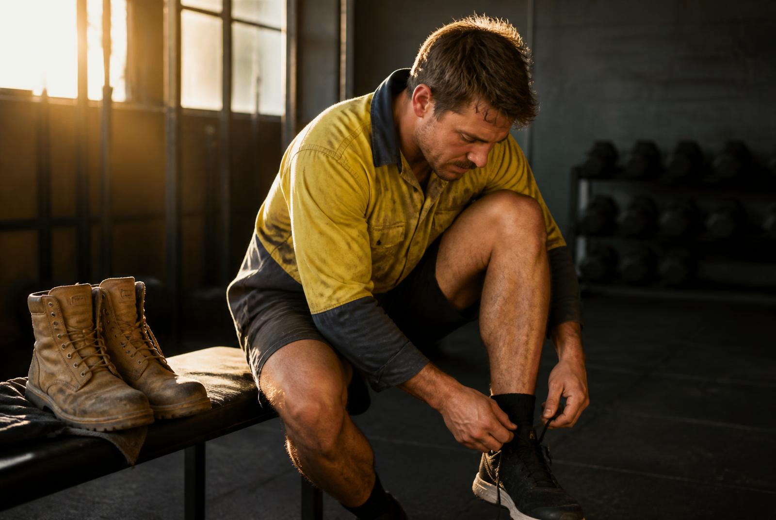Australian tradesperson in a gym at the end of a shift, hi-vis work shirt and dusty work boots on the bench beside him as he laces a training shoe