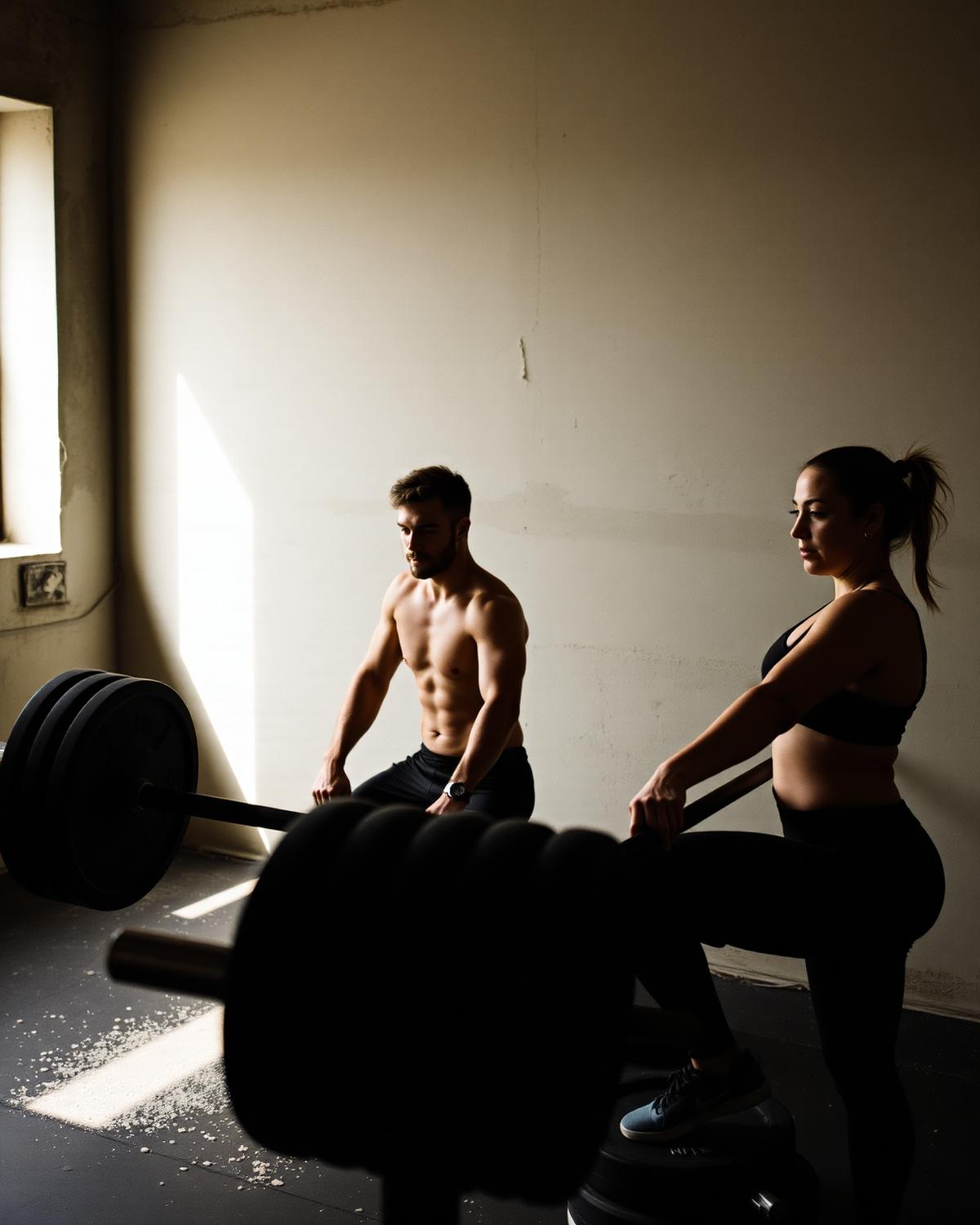 Two people finishing a strength session in a plain gym