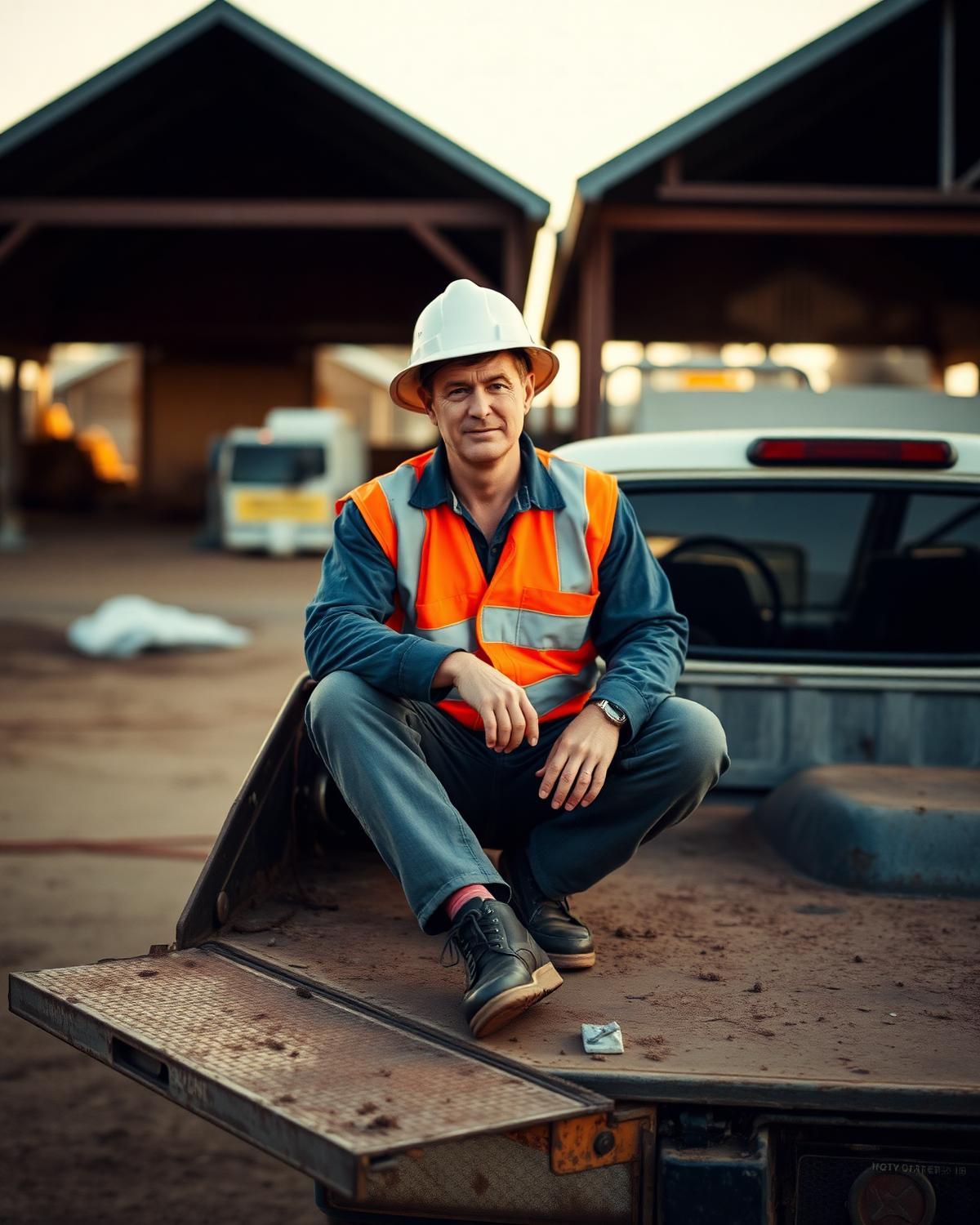 Worker in hi-vis resting at the end of a shift